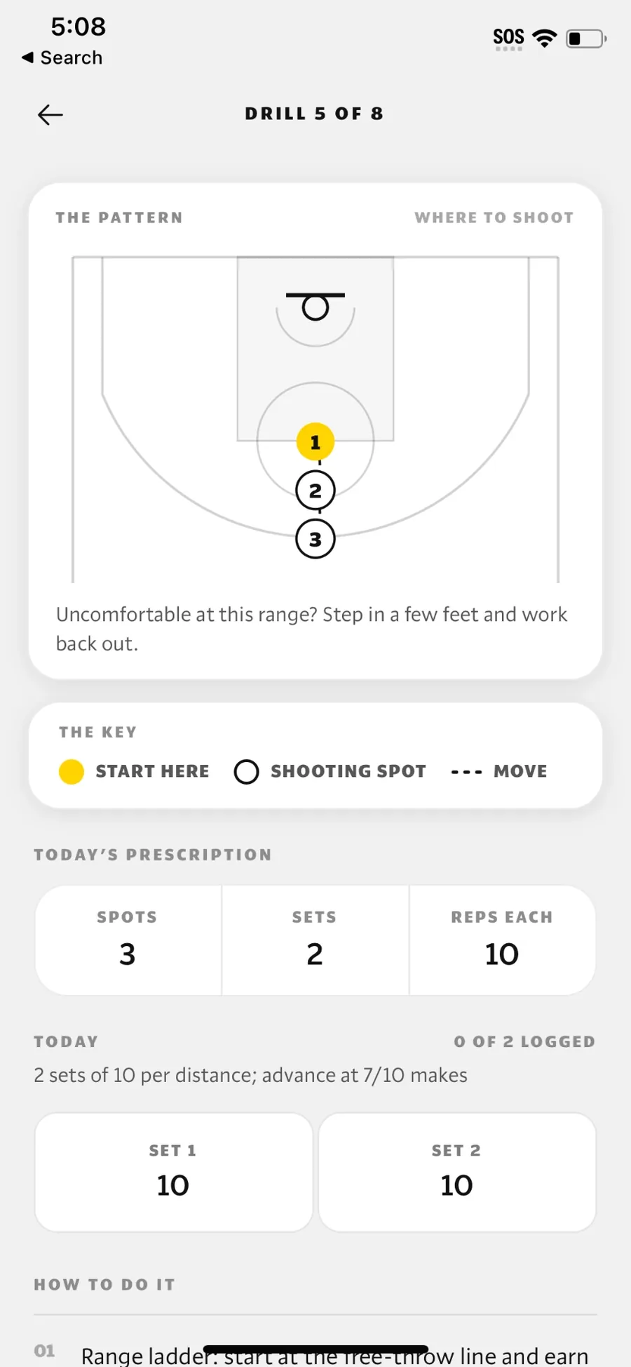 A Jumpshot AI drill showing where to shoot from on the court, plus the sets and reps to log