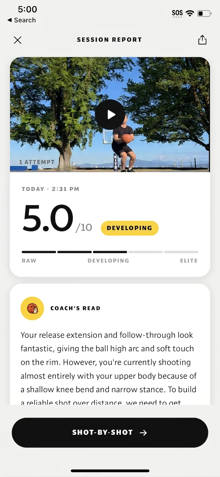 Jumpshot AI session report showing a form rating out of 10 and the AI coach's read