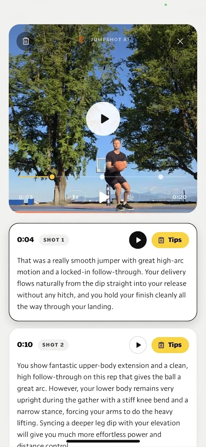 Shot-by-shot AI feedback in Jumpshot AI, with timestamped notes on each rep