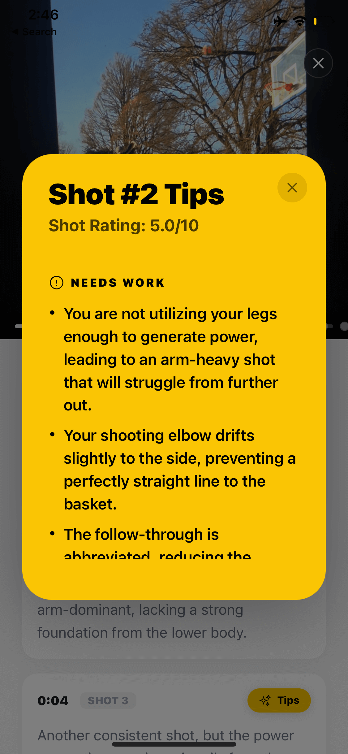 AI-generated shooting form tips and feedback in Jumpshot AI